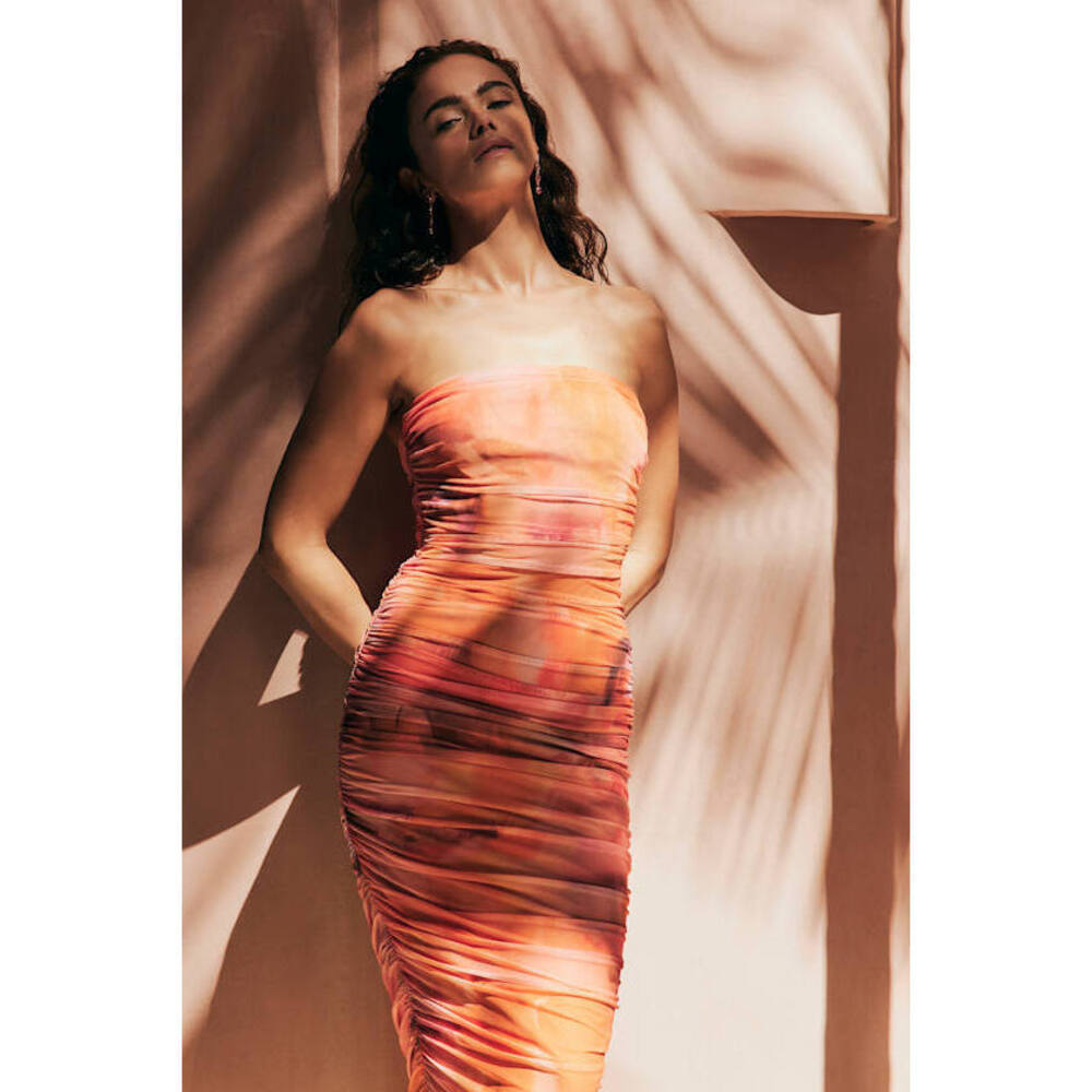 Lulus Vania Orange Abstract Mesh Ruched Strapless Midi Dress - Size M